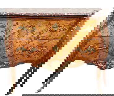 Louis XV Style Bronze Mtd. Tulipwood, Kingwood & Fruitwood Marquetry Commode: Louis XV Style Bronze Mtd. Tulipwood, Kingwood & Fruitwood Marquetry Commode the serpentine rouge royal marble top above two drawers veneered sans traverse, on cabriole legs. Height 34 in., Width
