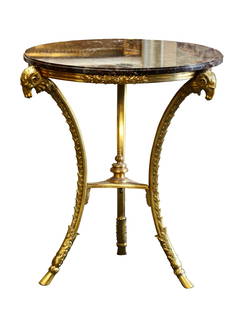 Louis XVI Style Marble-top Bronze Gueridon: Louis XVI Style Marble-top Bronze Gueridon The circular molded white mottled violet top, raised on three incurve legs cast with leaves and headed by rams heads and ending in hoofed feet. Height 30
