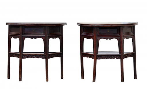 Pair of Chinese Jimu and Bamboo Demi-Lune Side Tables: Pair of Chinese Jimu and Bamboo Demi-Lune Side Tables 18th/19th Century, of traditional mitered mortise and tenoned construction with inset slightly splayed rounded legs, the wood tops with rounded