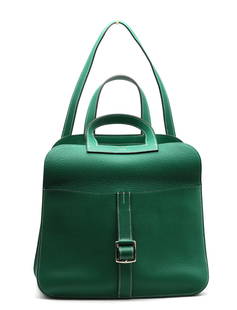 Hermes Taurillon Vert Vertigo Clemence Halzan 31 GM: Hermes Taurillon Vert Vertigo Clemence Halzan 31 GM double loop handles, with double interior straps, silver toned hardware, with stitched double front and back slit pockets, the leather-lined