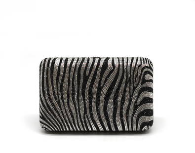 Judith Lieber Zebra Motif Minaudiere: Judith Lieber Zebra Motif Minaudiere Rectangular hard case, with silver and black zebra stripes, silver toned hardware, with silver leather interior lining and a chain link shoulder strap. Height