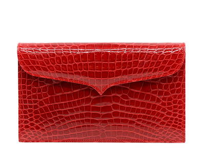 Lana Marks Red Alligator Clutch: Lana Marks Red Alligator Clutch The shaped flap with snap closure, the divided red leather-lined interior with both a zipper pocket and slit pocket, with manufacturer card, # 0992,lacks shoulder