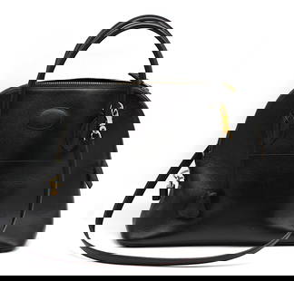 Atelier J.P. Renard Black Leather Bolide Type Handbag: Atelier J.P. Renard Black Leather Bolide Type Handbag with double rolled loop handles, gold-toned hardware, with an interior zipper pocket and a slit pocket, with a leather shoulder strap, lock and