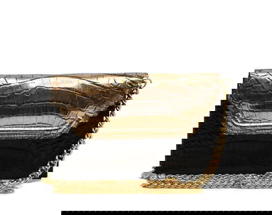 Lana Marks Black and Gold Alligator Clutch: Lana Marks Black and Gold Alligator Clutch Rectangular with a snap closure flap, the reverse with an open pocket, the black leather-lined interior with an open pocket and a gold toned chain link