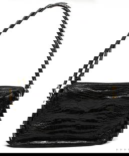 Gucci Black Alligator Handbag: Gucci Black Alligator Handbag The body with zipper closure, and two buckle secured straps with continue to the underside secured by snaps, the black leather-lined interior with a zipper pocket, and