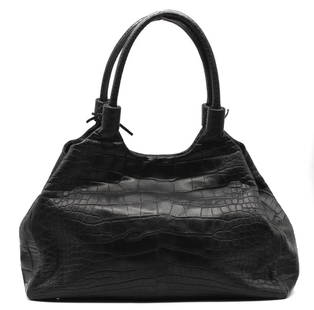 Laurent Effel Black Crocodile Handbag: Laurent Effel Black Crocodile Handbag The shaped rectangular body with snap closure, and double rolled handles, the sides also with snap closure pockets, snap closure, with black leather-lined