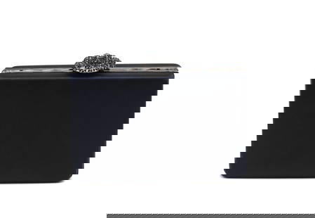 Oscar de la Renta Satin Covered Evening Bag: Oscar de la Renta Satin Covered Evening Bag The rectangular hard case with a black-jewel metal floral clasp, the interior red leather lined, with metal chain link shoulder strap. Height 5 in., Width