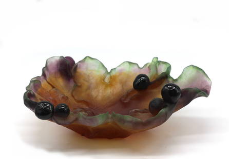 Daum Pate de Varre Fig Leaf Bowl: Daum Pate de Varre Fig Leaf Bowl Signed Daum, France. The asymmetrical bowl representing a fig leaf with figs, in tones of amber, green and mauve. Height 4.25 in., Width 13 in.