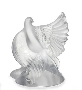 Lalique France Frosted Crystal "Colombe" Dove Sculpture with Original Box: Lalique France Frosted Crystal “Colombe” Dove Sculpture with Original Box Late 20th Century An elegant Lalique crystal figure of a dove in mid-flight, modelled with wings fully outstretched
