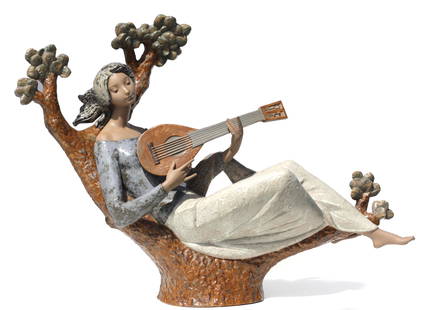 Large Lladro Figure of a Girl Playing The Mandolin: Large Lladro Figure of a Girl Playing a Mandolin circa 1970,the underside marked with the artists Antonio Ruiz and with painters signature, no. 257, of an edition 750. the figure recumbent on a pine