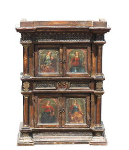 Italian Renaissance Style Painted Wood Cabinet: Italian Renaissance Style Painted Wood Cabinet 19th century, Rectangular, witrh an overhanging cornice, fret frieze, above four doors centering two small drawers, all flanked by free-standing