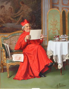 Andrea Landini, (Italian, 1847-1912) Painting: Andrea Landini, (Italian, 1847-1912), The Connoisseur, oil on canvas, signed lower right, the reverse with gallery label, and with title plaque 13.75 by 10.5 in., overall, 17.25 by 15 in. 