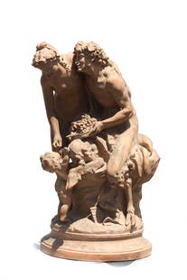 After Claude Michel, known as Clodian (French, 1738-1814), Terracotta: After Claude Michel, known as Clodian (French, 1738-1814) late 19th/early 20th century, Terracotta Figural Group of a Satyr and a Bacchante, with Putto Incised signature on the reverse, good