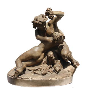 After Claude Michel, known as Clodian (French, 1738-1814) Terracotta: After Claude Michel, known as Clodian (French, 1738-1814) late 19th/early 20th century, Terracotta Figural Group of a Satyr and a Bacchante, Incised signature on the reverse, depicting a satyr