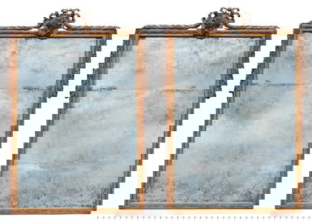 Pair of Italian Gilt Wood Mirrors: Pair of Italian Gilt Wood Mirrors In a Neoclassical style, each with a double mirror plate, within a bead carved border, surmounted by a carved cresting depicting a portrait medallian of a Roman