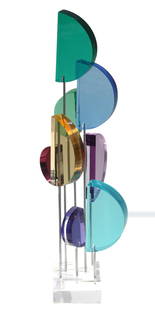 American School, Contemporary Sculpture: American School, Contemporary Sculpture Untitled, etched indistinct signature, dated 2003 translucent colored acrylic with metal rods, on an Lucite base Height 23.25 in., Widith at widest position,