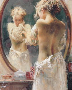 Giuseppe Dangelico (Pino) (Italian, 1939-2010), Giclee: Giuseppe Dangelico (Pino) (Italian, 1939-2010) Scantily Clad Female Nude, Reflection, giclee on canvas, signed Pino, l.l. 34 by 28 in., overall, in a giltwood frame 42 by 35 in. Provenance: Addison