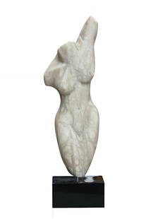 Modernist White Marble Female Nude Torso: Modernist White Marble Female Nude Torso Unsigned, on a black stone base. Height 25.5 in., overall, 30 in., Width 7.5 in.