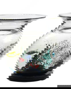 Spherical Internally Decorated Glass Fishbowl: Spherical Internally Decorated Glass Fishbowl Indistinct etched signature on the underside, on a revolving stand. Height of fishbowl 8.25 in., Diameter 8.25 in.