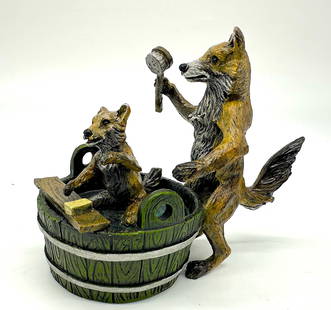 Franz Bergman, (Austrian, 1861-1936) Austrian Cold Painted Bronze: Franz Bergman, (Austrian, 1861-1936) Austrian Cold Painted Bronze Circa 1900, The underside impressed Austria, and with Bergman monogram. Depicting a junivile fox in a tub being bathed by its parent