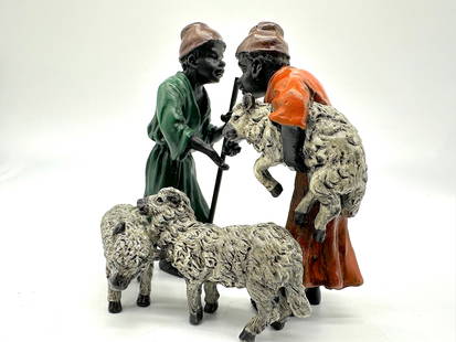 Franz Bergman, (Austrian, 1861-1936) Austrian Cold Painted Bronze: Franz Bergman, (Austrian, 1861-1936) Austrian Cold Painted Bronze Circa 1900, The underside impressed with Bergman monogram. Depicting two shepherds with sheep. Height 4.25 in., Width 3.5 in.,