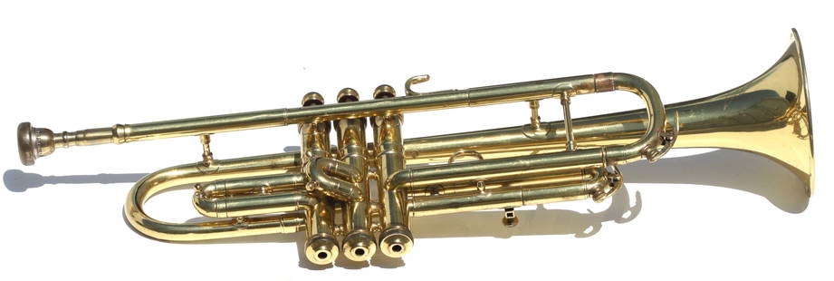 C. G. Conn Ltd Brass Trumpet: C. G. Conn Ltd Brass Trumpet, Elkhart, IN. with patient number. In a fitted case. Length of trumpet 21.25 in.
