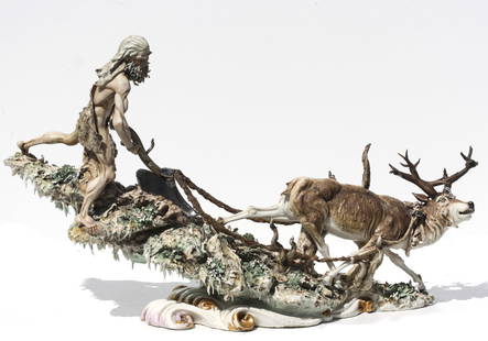 Tiziano Galli for Capodimonte, A Porcelain Mythological Group: Tiziano Galli for Capodimonte, A Porcelain Mythological Group Signed, factory mark. Titled Lavern Nella Storia, depicting a forest allegory as an elderly elderly man,with a plow being pulled by a