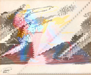 American School, 20th Century, Watercolor: American School, 20th Century, Artist Unknown, (American, 20th Century) Patriotic Jazz Band, signed indistinctly, watercolor on paper 14.5 by 16.25 in., overall, 20 by 22 in.