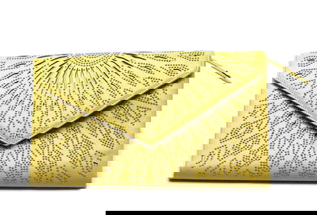 Alaia Metal-Mounted Yellow Leather Clutch: Alaia Metal-Mounted Yellow Leather Clutch The rectangular body with both cut-outs and metal studs positioned to createan overall diamond and bead pattern, the flap with a snap closure, and reverse