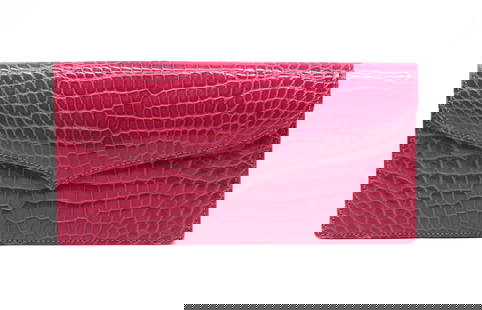 Laurent Effel Fuchsia Alligator Clutch: Laurent Effel Fuchsia Alligator Clutch Rectangular, with a shaped snap closure flap, the leather-lined interior with both an open slitand zippered pocket. Height 4.75 in., Width 9.75 in., Depth 1.5