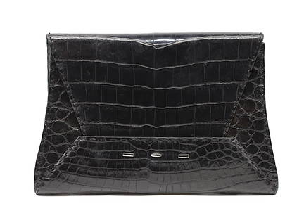 Manila Black Crocodile Clutch: Manila Black Crocodile Clutch First edition, 028/300, V B H, the flared rectangular body with a flap and short exterior pocket, the interior black suede lined. Height 6.75 in., Width 10 in., Depth