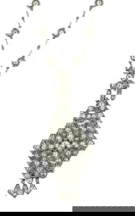 Platinum and Diamond Pendant Necklace: Platinum and Diamond Pendant Necklace The kite-shaped pendant of openwork design, centering a round white diamond weighing approximately 3/8 carats, accented by numerous round accent diamonds. 