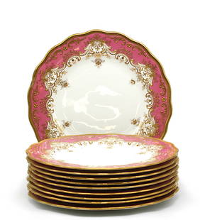 Set of 10 English Porcelain Dessert Plates: Set of 10 English Porcelain Dessert Plates, retailed by Burley & Co., Chicago, circa late 19th–early 20th century Each plate finely decorated with a vibrant pink border enriched with elaborate