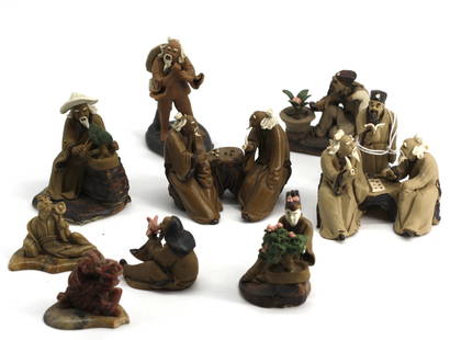 Eleven Chinese Small Mud Figural Groups & Four Soapstone Examples: Eleven Chinese Small Mud Figural Groups & Four Soapstone Examples Each depictring elderly gentleman engaged in various leisurely pursuits. (15) Largest, Height 2.25 in., Width 2.25 in.