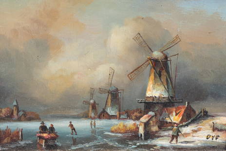 After a European School Dutch Master, 20th Century, Painting: After a European School Dutch Master, 20th Century Costal Windmills, signed DYF, l.r., oil on board 5 by 7 in., overall, framed 12.75 by 14.75 in.