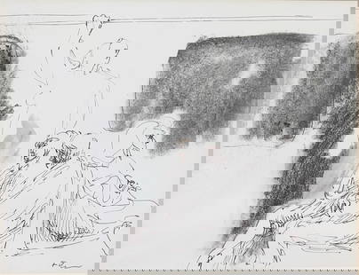 Probably, American School, 20th Century, ink, Charcoal on Paper: Probably, American School, 20th Century Figures in a Subway Car, signed indistinctly, F..., ink, charcoal on paper, site 8.25 by 11 in., matted, framed 14.5 by 17 in.
