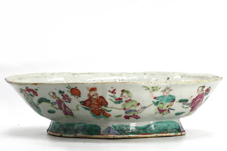 Chinese Famille Rose Enameled Footed Bowl: Chinese Famille Rose Enameled Footed Bowl Circa 1900. Lozenge-shaped, decorated with figures. Height 3 in., Width 10 in., Depth 8 in.