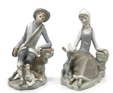 Pair of Lladro Porcelain Figures of a Young Man and Woman: Pair of Lladro Porcelain Figures of a Young Man and Woman Both marked Lladro with additional incised marks. The man seated upon a rock with his dog, the woman seated amidst rock work and a stump with