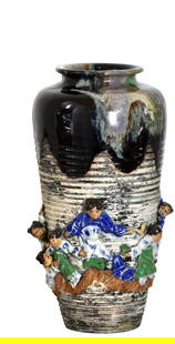 Japanese Glazed Studio Pottery Vase: Japanese Glazed Studio Pottery Vase Early 20th Century. The tapered vessel with a short neck and flared rim, the upper part with a dark flambe glaze, the mid to lower part with mat glazed horizontal