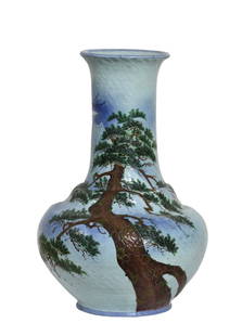 Good Chinese Polychrome Decorated Porcelain Vase: Good Chinese Polychrome Decorated Porcelain Vase The underside impressed with characters in an oval. The baluster shaped vase decorated with a monumental ancient pine in a mountainous landscape with