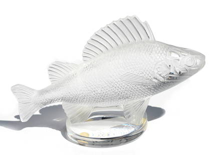 Lalique France “Perche Popper” Pressed Crystal Sculpture with Original Box: Lalique France “Perche Popper” Pressed Crystal Sculpture with Original Box A finely detailed Lalique crystal sculpture titled Perche Popper, depicting a perch in mid-motion, executed in