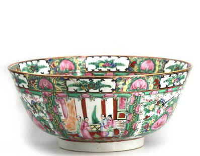 Large Chinese Famille Rose Medallion Bowl: Large Chinese Famille Rose Medallion Bowl, Decorated in Hong Kong Decorated in vibrant polychrome enamel with traditional courtly scenes, florals, and auspicious symbols, this striking porcelain bowl