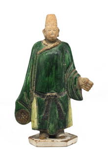 Chinese Ming Green Glazed Earthenware Court Figure: Chinese Ming Green Glazed Earthenware Court Figure The standing figure in a green robe tied at the waist and wearing a conical hat. Height 11.5 in., Width 6.75 in. in., Depth 4.25 in.