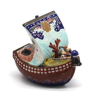Japanese Kutani Boat-Form Enameled Incense Covered Burner: Japanese Kutani Boat-Form Enameled Incense Covered Burner. Unmarked, early to mid 20th Century. The large sailboat or Kune decorated in polychrome enamels and modled with objects strewn across the