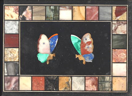 Italian Pietra Dura Marble Plaque: Italian Pietra Dura Marble Plaque First half 20th Century. Depicting two butterflies, framed. plaque. Height 4 in., Width 5.5 in., overall, Height 8.5 in., Width 10 in.