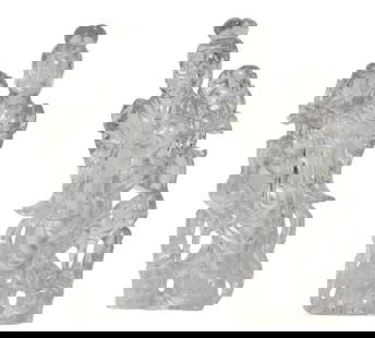 Pair of Chinese Rock Crystal Groups of Guanyin and a Pheasant: Pair of Chinese Rock Crystal Groups of Guanyin and a Pheasant Each elegantly dressed maiden holding aloft a floral blossom, a pheasant on rockwork by her side. Height 8.25 in., Width 3.5 in.,
