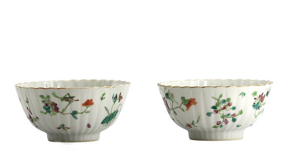 Pair of Chinese Famille Rose Decorated Footed Rice Bowl: Pair of Chinese Famille Rose Decorated Footed Rice Bowl 19th Century. The undersides with a red enameled character seal. Each tapering, scalloped and reeded bowl decorated with foliage and insects,