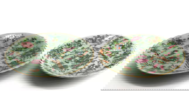 Pair of Chinese Celedon Ground Porcelain Plates: Pair of Chinese Celedon Ground Porcelain Plates Each footed plate decorated with a phesant and butterflies with scattered fruit and foliage.(one restored) Diameter 7.5 in.
