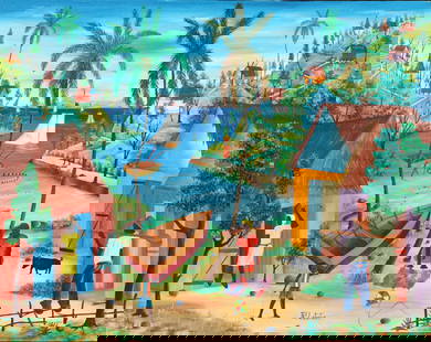 Philton Latortue, (Haitian, b. 1944), Painting: Philton Latortue, (Haitian, b. 1944) Village Harbor, signed, lower center, oil on canvas overall 25 by 31 in.