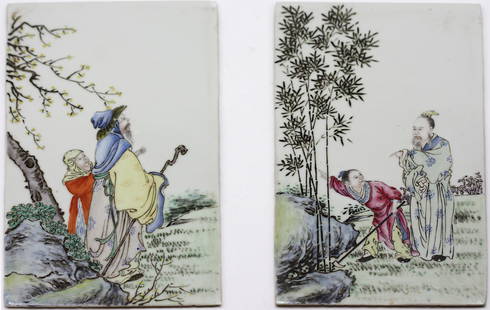 Pair of Chinese Porcelain Plaques: Pair of Chinese Porcelain Plaques Of rectangular form, painted in colored enamels depicting figures in landscapes. 8 by 5 in.